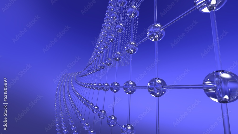 Obraz premium Clear Glass Mathematical Geometric Abstract Twist Plane Dots-Line Grid under Blue-Black Spot Lighting Background. Conceptual 3D CG of technological innovations, strategies and revolutions.