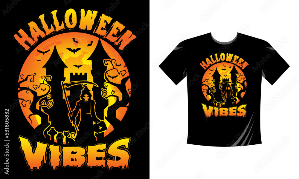 Halloween Vibes T-Shirt Design Template. Halloween T-Shirt with Pumpkin, Night, Moon, Witch, Mask. Night background T-Shirt for print. Halloween Vibes T-Shirt Design Template. Halloween T-Shirt with Pumpkin, Night, Moon, Witch, Mask. Night background T-Shirt for print.