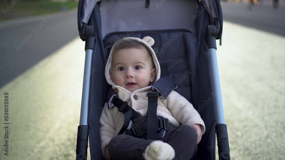 A little boy in a stroller rides through the park. A parent carries his son and looks into the camera. A little boy in a stroller rides through the park. A parent carries his son and looks into the camera.