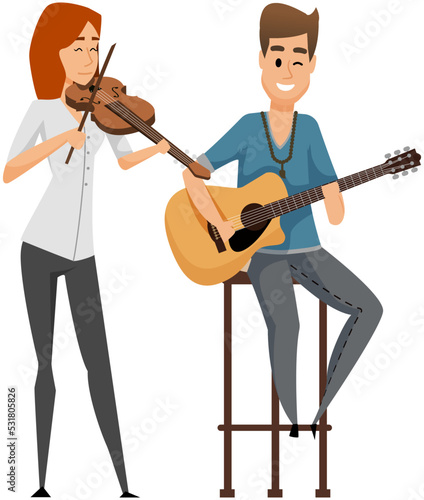 Musical group guitarist and violinist. Man sitting on high chair playing acoustic guitar, girl playing violin. Male musician playing strings at musical performance, concert with melodic instrument