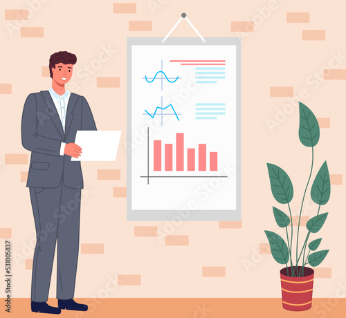 Analytics information and development statistics. Web analysis measure, product testing technology. Man analyses dashboard seo optimization, digital report. Statistical indicators and data on diagram