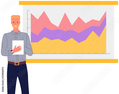 Analytics information and development statistics. Web analysis measure, product testing technology. Man analyses dashboard seo optimization, digital report. Statistical indicators and data on diagram