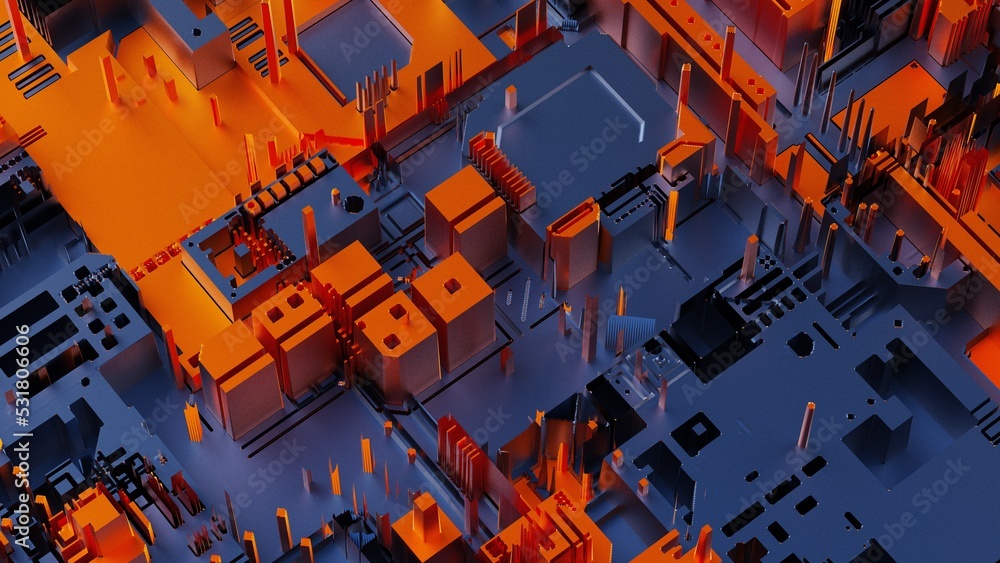 Obraz premium Orange-blue futuristic circuit technology under black-white background. Concept 3D CG of hi-tech digital data connection system, computer electronic design and Sci-Fi Landscape.