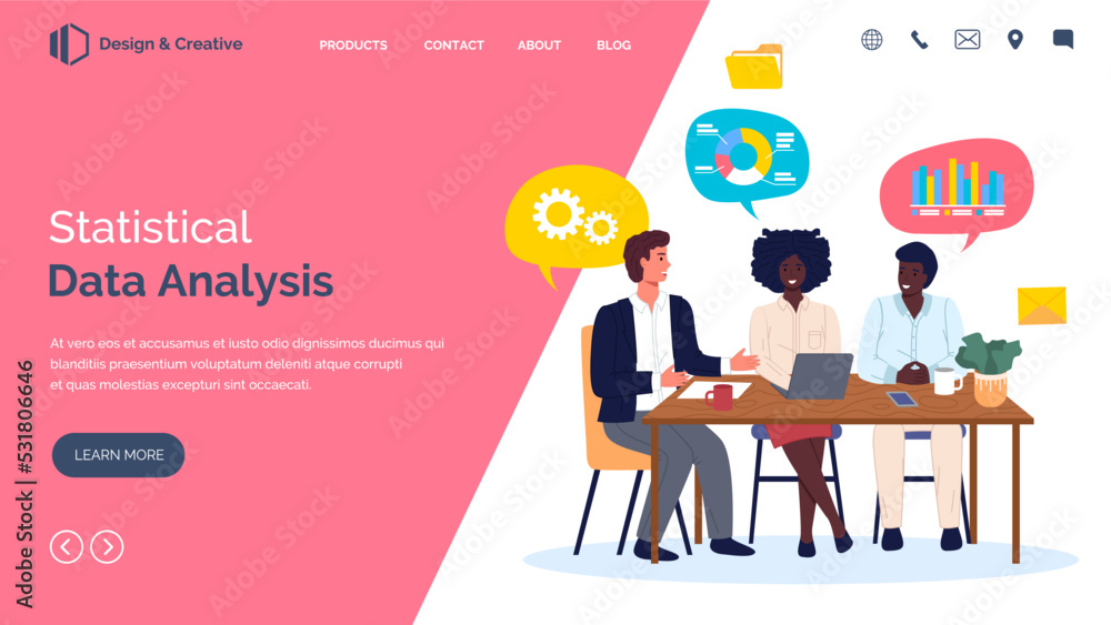 Statistical data analysis website template. People working with graphs and charts. Business process optimization, work with statistics. Colleagues discussing indicators, analytical research