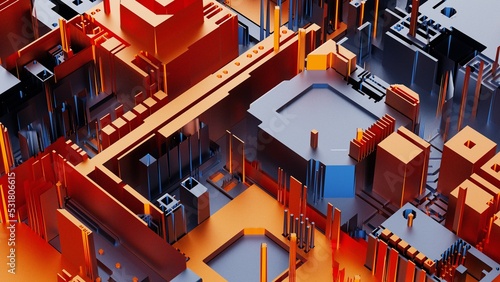 Orange-blue futuristic circuit technology under black-white background. Concept 3D CG of hi-tech digital data connection system, computer electronic design and Sci-Fi Landscape. © DRN Studio