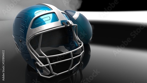 American football Blue-Silver helmet and Blue-Silver Ball under foggy black laser lighting. 3D illustration. 3D CG. 3D high quality rendering. © DRN Studio