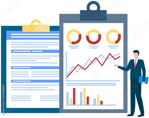 Analytics information and development statistics. Web analysis measure, product testing technology. Man analyses dashboard seo optimization, digital report. Statistical indicators and data on diagram