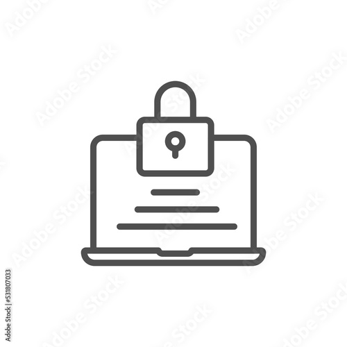 Black line Laptop and lock icon isolated on white background. Computer and padlock. Security, safety, protection concept. Safe internetwork. Locked computer vector icon, security symbol.