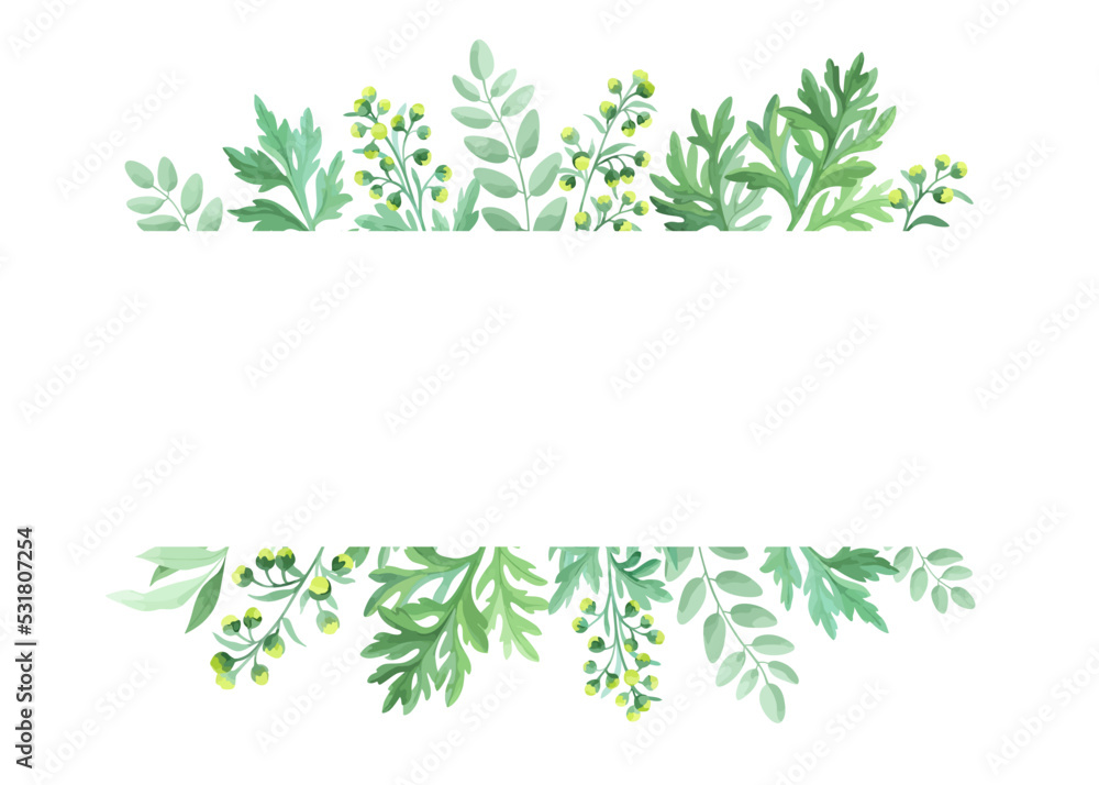 Green leaves frame template. Floral border with place for text. Sagebrush and wild herbs design. Vector illustration.