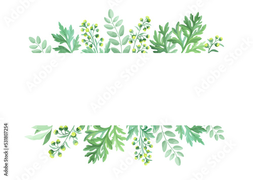 Fototapeta Naklejka Na Ścianę i Meble -  Green leaves frame template. Floral border with place for text. Sagebrush and wild herbs design. Vector illustration.