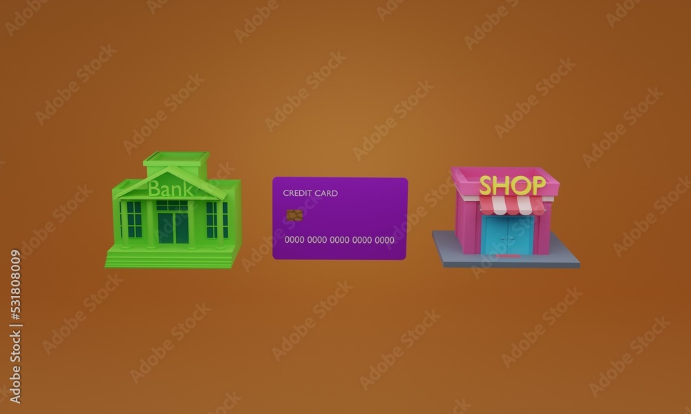 3d illustration, bank, credit card and shop, purchase concept, red background, 3d rendering