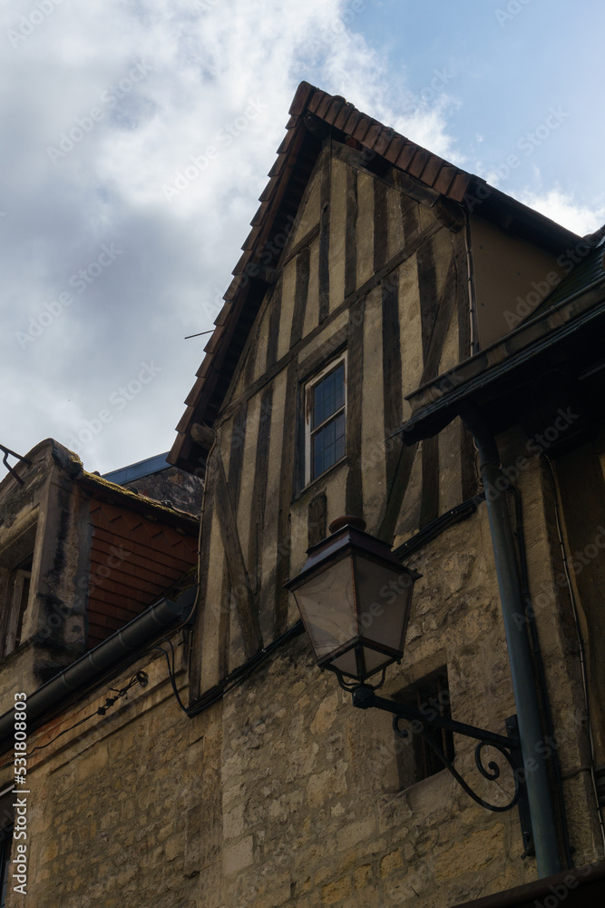 typical Old half timbered house in Quartier du Vaugueux in city of Caen, Normandy, France
