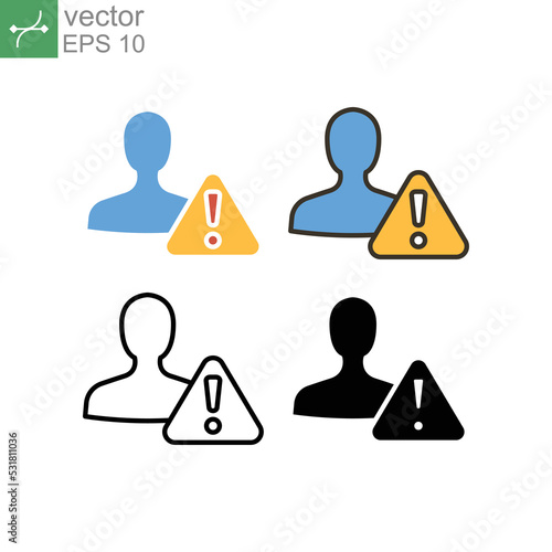 Invalid user profile. Important Caution notice of personal fake account. Internet person id and fraud risk data alert. Male User warning icon. Vector illustration. Design on white background. EPS10