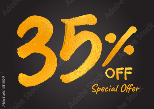 35% OFF. Special Offer Gold Lettering Numbers brush drawing hand drawn sketch. 35 % Off Discount Tag, Sticker, Banner, Advertising. 35% number logo design vector illustration