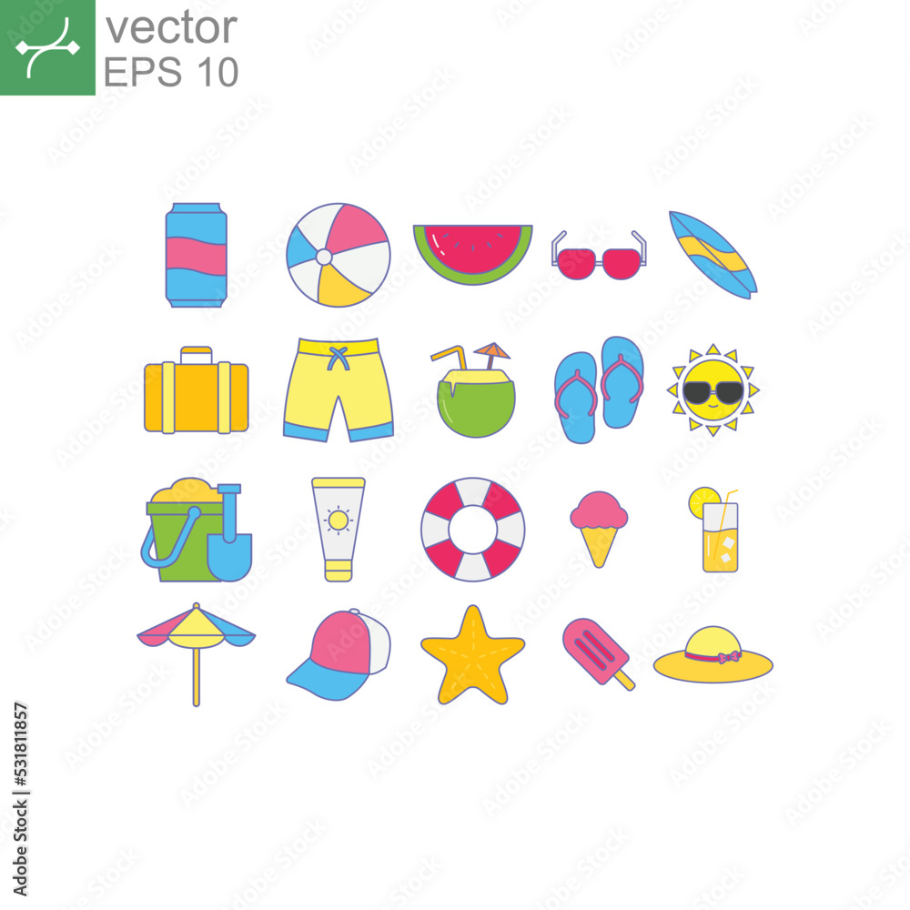 Summer vacation and beach set. Summertime icon set in filled outline color style include soda drink, sun glasses, watermelon, surfing board etc Vector illustration Design on white background EPS10