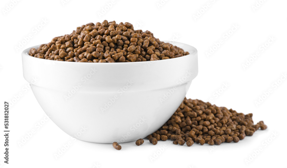 Bowl with buckwheat tea granules on white background Bowl with buckwheat tea granules on white background