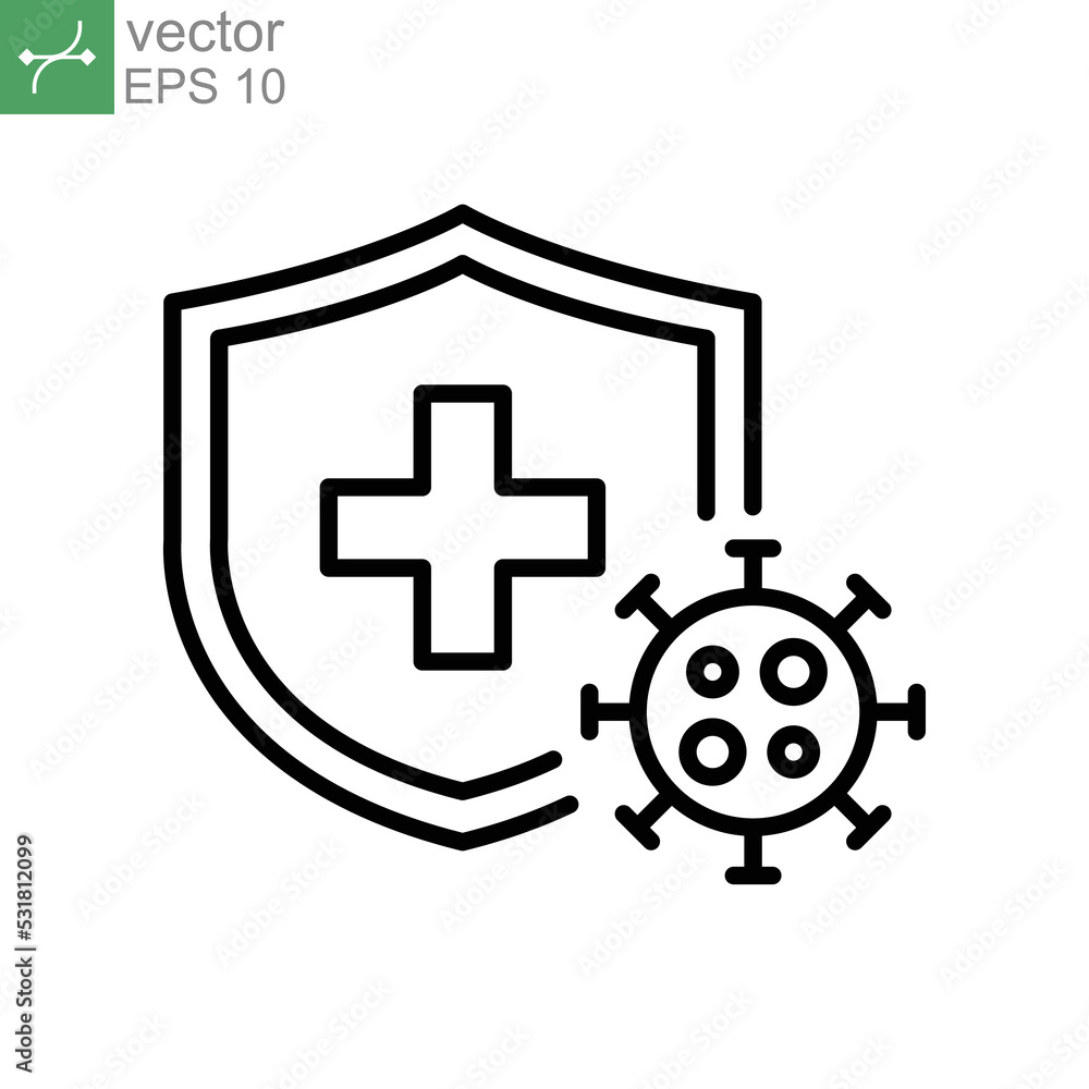 Immune from flu germ icon. Stop bacteria and viruses prohibition sign. Virus protection, hygiene shield, bacterial prevention. Thin line web symbol Vector illustration Design on white background EPS10 Immune from flu germ icon. Stop bacteria and viruses prohibition sign. Virus protection, hygiene shield, bacterial prevention. Thin line web symbol Vector illustration Design on white background EPS10