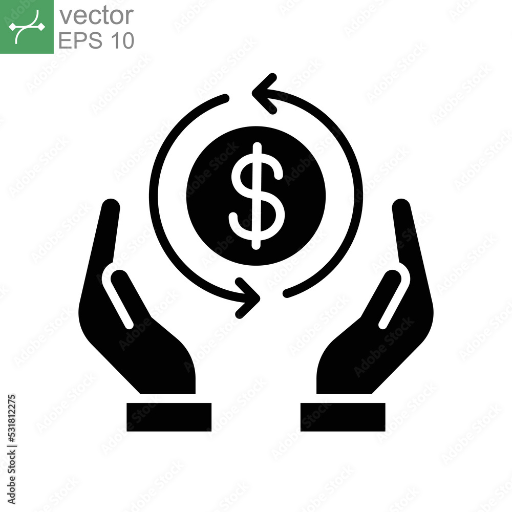 Cashback icon, return money. Two hand holding with money dollar return. save money. financial investment icon. invest finance. solid style Vector illustration Design on white background. EPS10 Cashback icon, return money. Two hand holding with money dollar return. save money. financial investment icon. invest finance. solid style Vector illustration Design on white background. EPS10