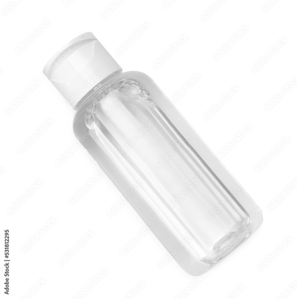 Bottle of micellar cleansing water isolated on white, top view Bottle of micellar cleansing water isolated on white, top view