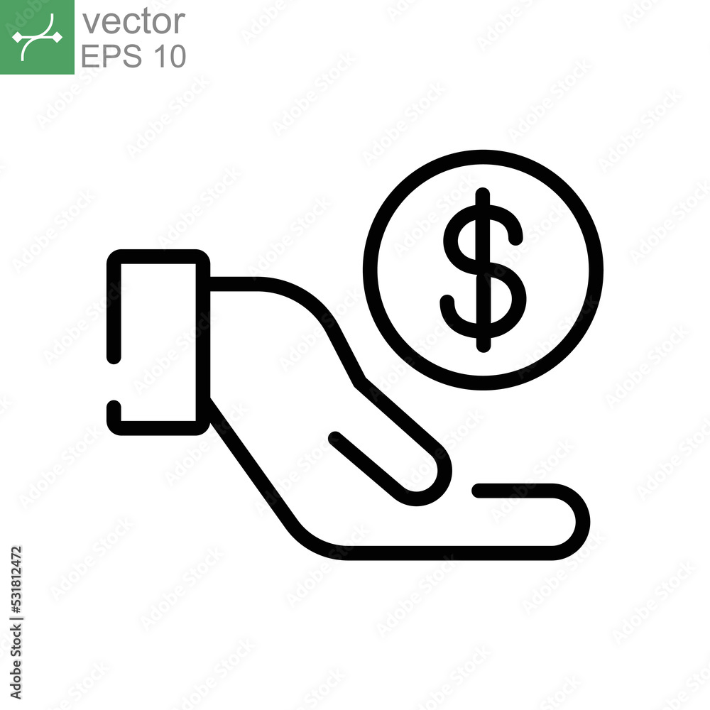 Save money icon, salary money, simple one hand holding dollar coin for donation, pay charity, payment investment. financial wealth Stroke line vector illustration design on white background EPS10 Save money icon, salary money, simple one hand holding dollar coin for donation, pay charity, payment investment. financial wealth Stroke line vector illustration design on white background EPS10
