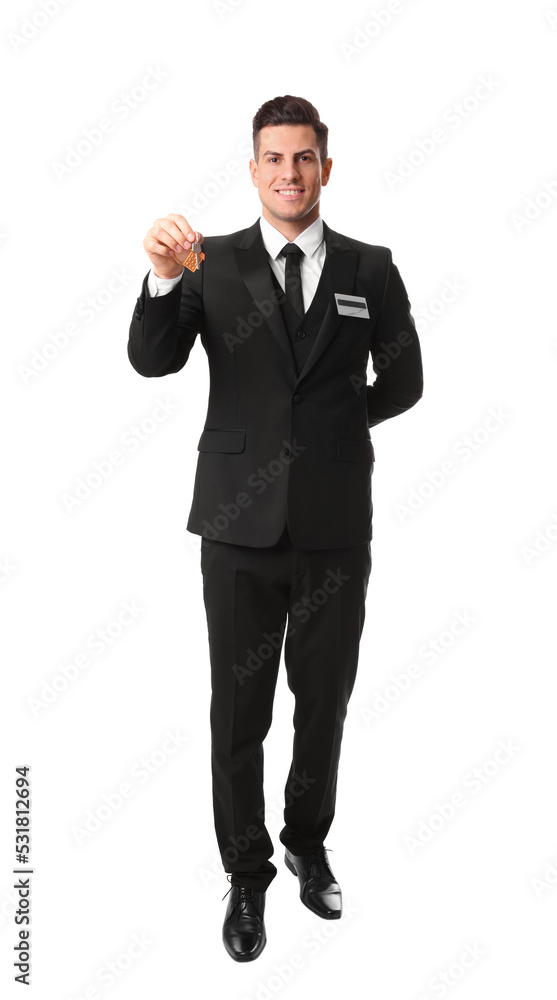 Happy receptionist in uniform holding key on white background Happy receptionist in uniform holding key on white background