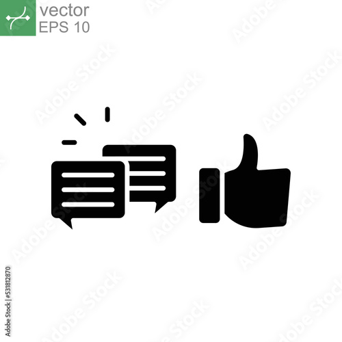 likes with comment icon solid symbol. Dialog chat and hand approve sign. social media communication with thumb gesture and box message. Vector illustration. Design on white background. EPS10