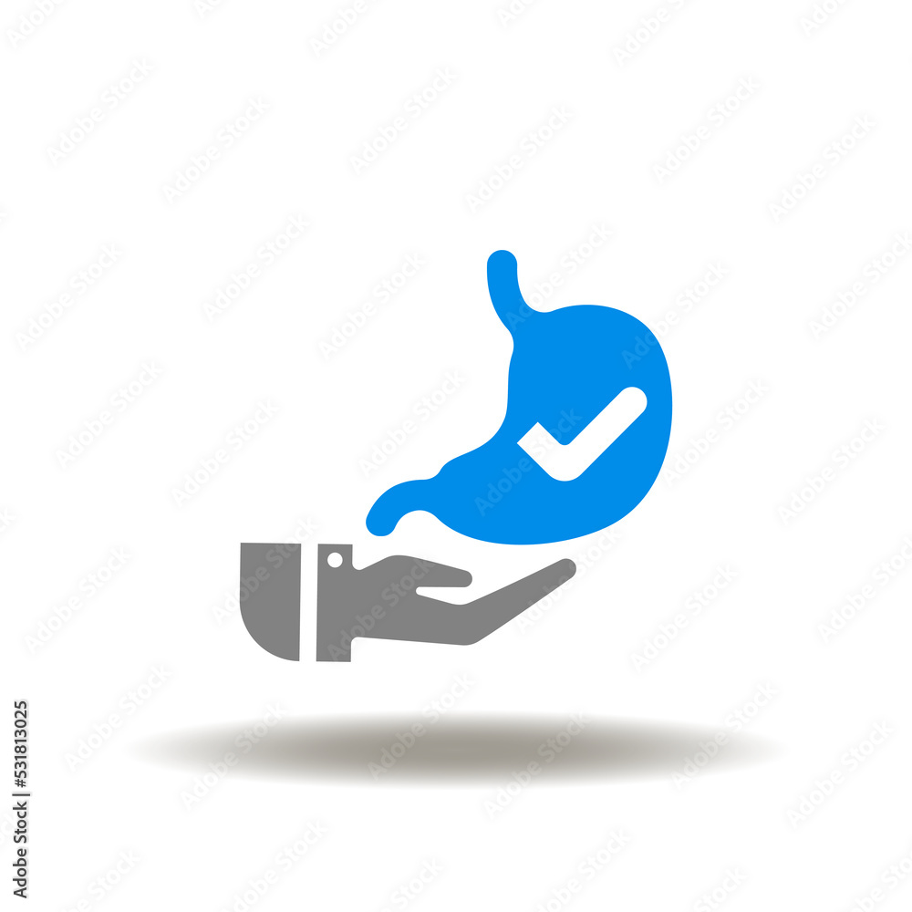 Vector illustration of hand hold stomach with check mark. Icon of stomach health. Symbol of good digestion. Vector illustration of hand hold stomach with check mark. Icon of stomach health. Symbol of good digestion.