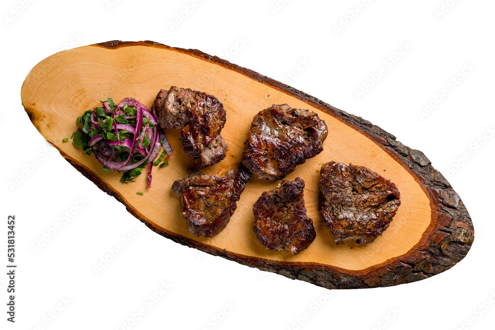 Kebab of veal with red onion on wooden board isolated on white background top view Kebab of veal with red onion on wooden board isolated on white background top view