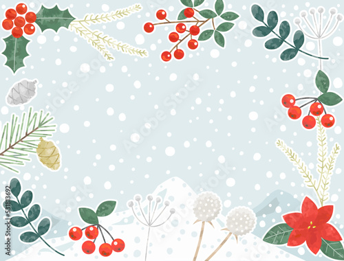 雪と冬の植物と山をイメージしたイラストのカード