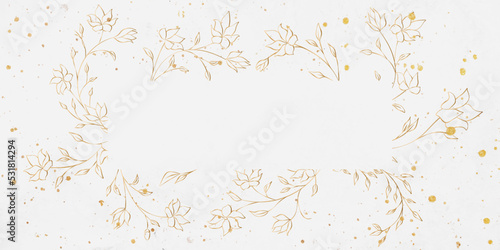 Luxury art background with golden floral frame in art line style. Vector invitation card with botanical pattern for weddings, decor, cover.