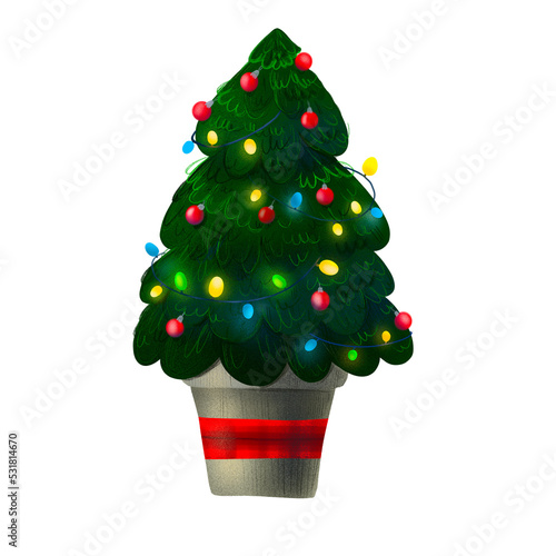 Christmas tree decorated with a garland in PNG format for the design of festive decorations, stickers and greetings photo