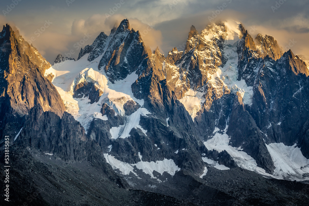 Mont Blanc massif, dramatic landscape in the French Alps, Eastern France