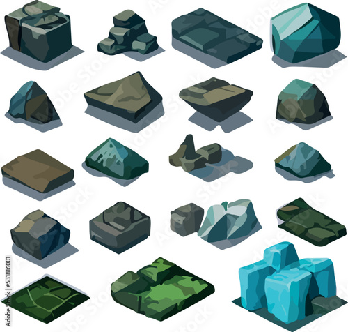 Polygonal stone set on white background. 3d Vector illustration. Isometric view.