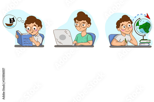 The child reads a book and learns. The child sits next to the globe and dreams of traveling. the child is studying at the laptop. 
Vector illustration isolate on white background.