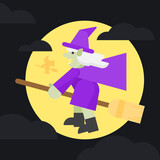 Cute witch flying to the moon. Simple flat design halloween illustration.