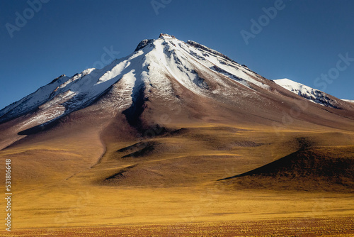 Atacama desert  snowcapped volcano and arid landscape in Northern Chile