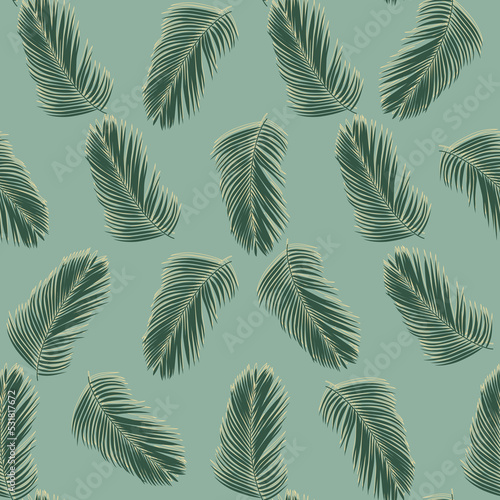 Palma - egzotyczne liście z żółtym akcentem na zielonym tle. Powtarzalny botaniczny wzór. Tropikalna roślina do wykorzystania w projektach.