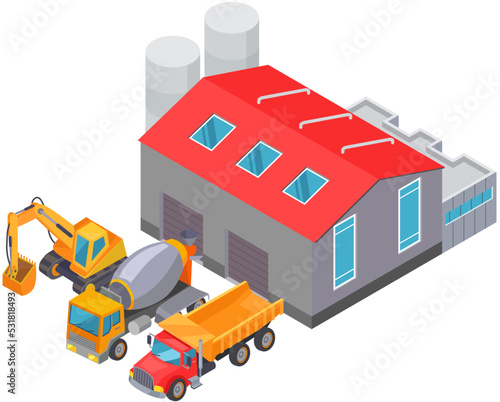 Industrial building warehouse hangar factory production trucks and construction equipment. Garage for concrete truck excavator. Commercial premice and machines used in construction and repair of roads