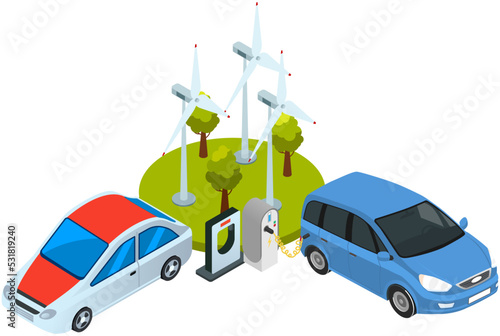 Modern electric smart car charging, automobile parking at charger station with plug in cable. Electrified future transportation e-motion. Environmentally friendly transport using renewable energy