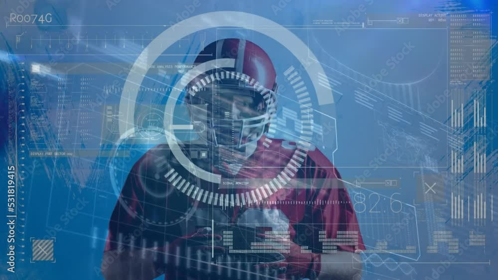 Animation of data processing over african american male american football player Animation of data processing over african american male american football player
