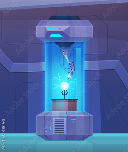 Automated scientific laboratory. Study of atomic structure in machinery, make research on professional equipment. Modern lab interior with plant. Collider, developments in field of energy experiment
