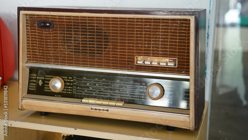 Brown vintage old radio. Focus selected