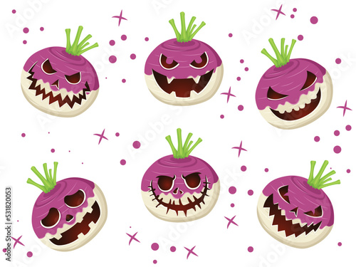 Halloween Turnips Carved Scary Face Set Collection. Concept Cartoon Halloween Day Elements. Vector Illustration For Holiday