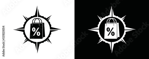 Discount shopping bag with compass symbol icon vector. Modern shop bag with compass directions silhouette design