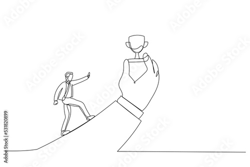 Illustration of businessman run with full effort to reach trophy cup in giant hand. Metaphor for motivation to achieve goal, small win to motivate employee. One line style art