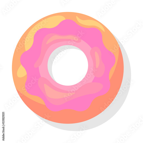 Top view of pink glaze donuts flat item. Cartoon glazed doughnuts with pink, blue, green icing isolated vector illustration. Desserts and sweet snack