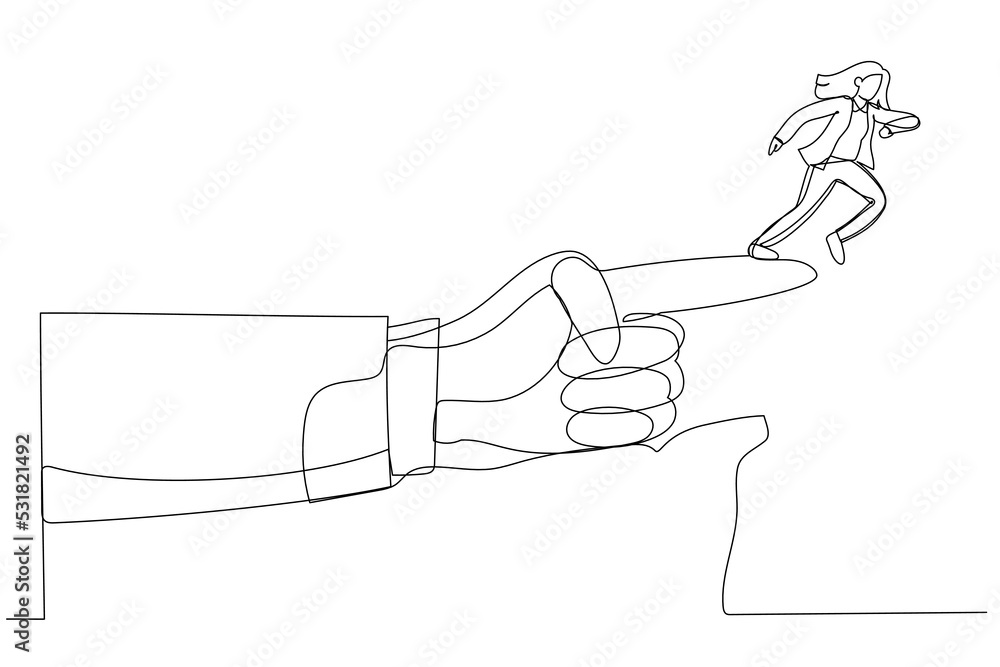 Cartoon of giant hand pointing to the wrong way to a businesswoman. One line style art Cartoon of giant hand pointing to the wrong way to a businesswoman. One line style art