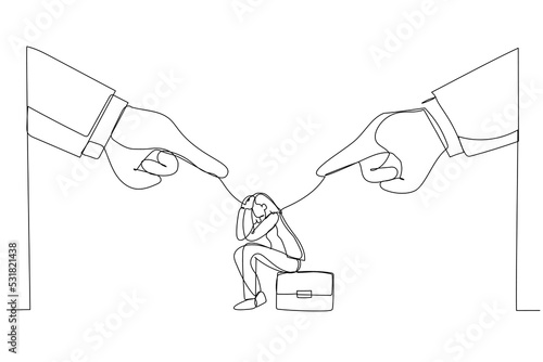 Drawing of giant boss hands pointing and blaming at depressed businesswoman employee. Metaphor for toxic work, abuse or bullying colleagues. Single continuous line art style