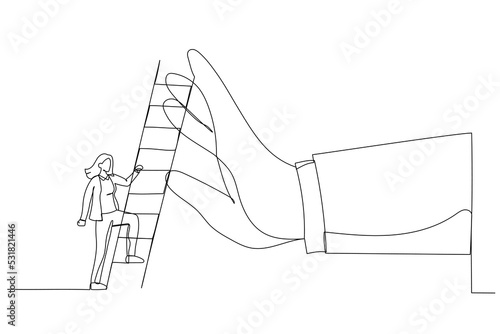 Drawing of ambitious businesswoman about to climb up ladder to overcome giant hand stopping him. Metaphor for overcome business obstacle, barrier or difficulty. Single continuous line art style