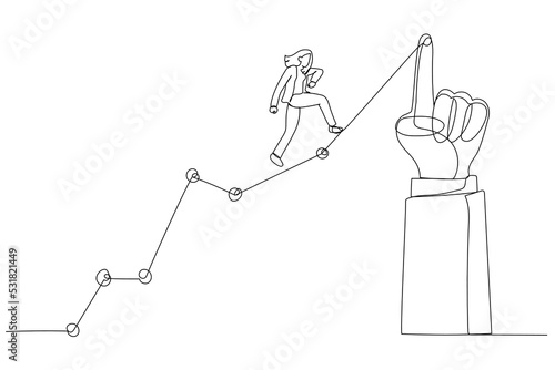 Cartoon of businesswoman running uphill on a line graphic pointed by a giant hand. One line art style